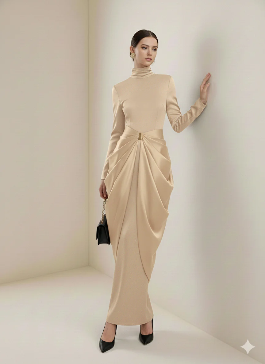 Long Sleeves Buckle Draped High-Neck Evening Dresses Maxi Dresses - Image 20
