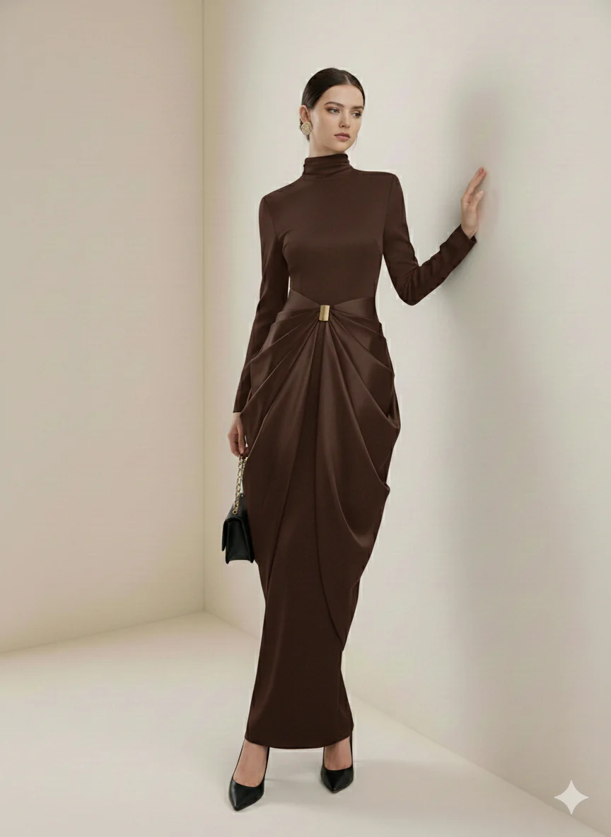 Long Sleeves Buckle Draped High-Neck Evening Dresses Maxi Dresses - Image 21
