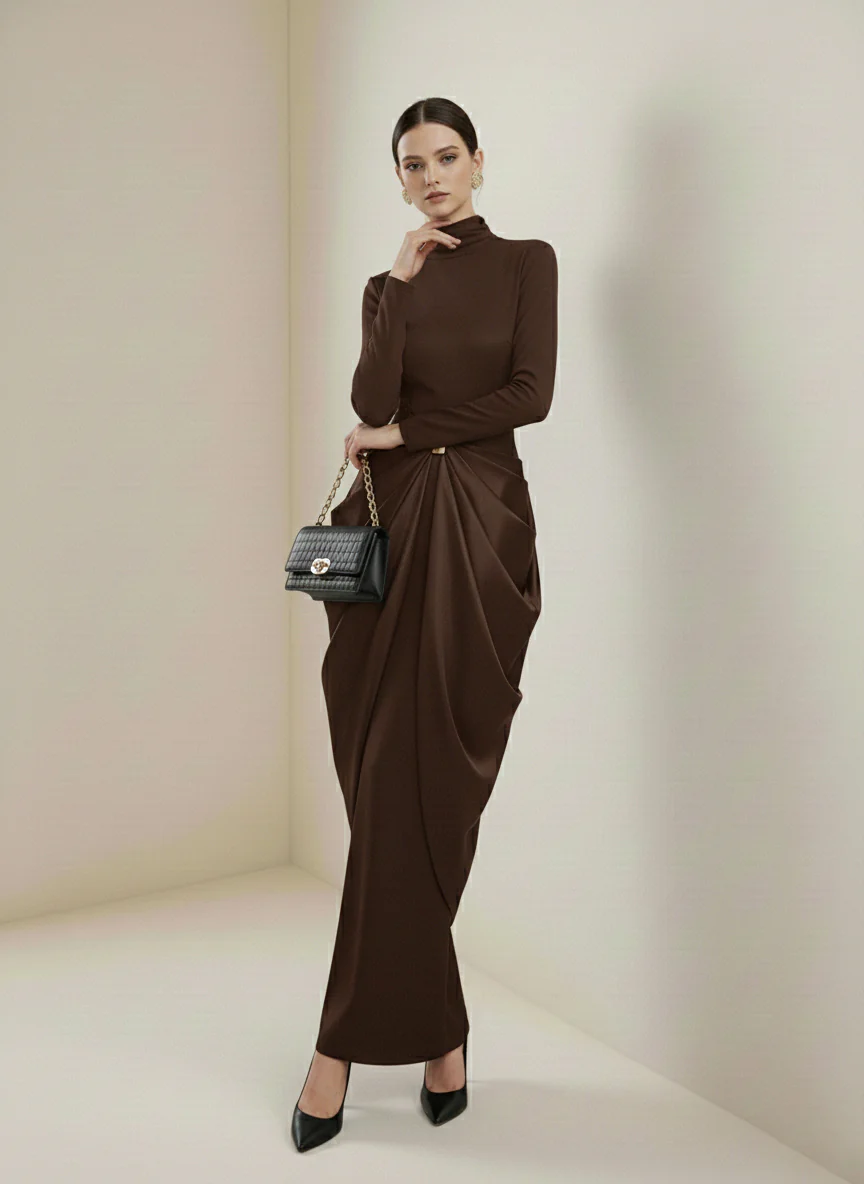 Long Sleeves Buckle Draped High-Neck Evening Dresses Maxi Dresses - Image 22