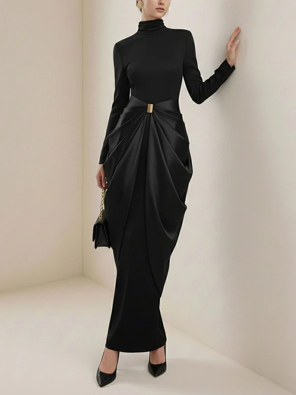Long Sleeves Buckle Draped High-Neck Evening Dresses Maxi Dresses - Image 4