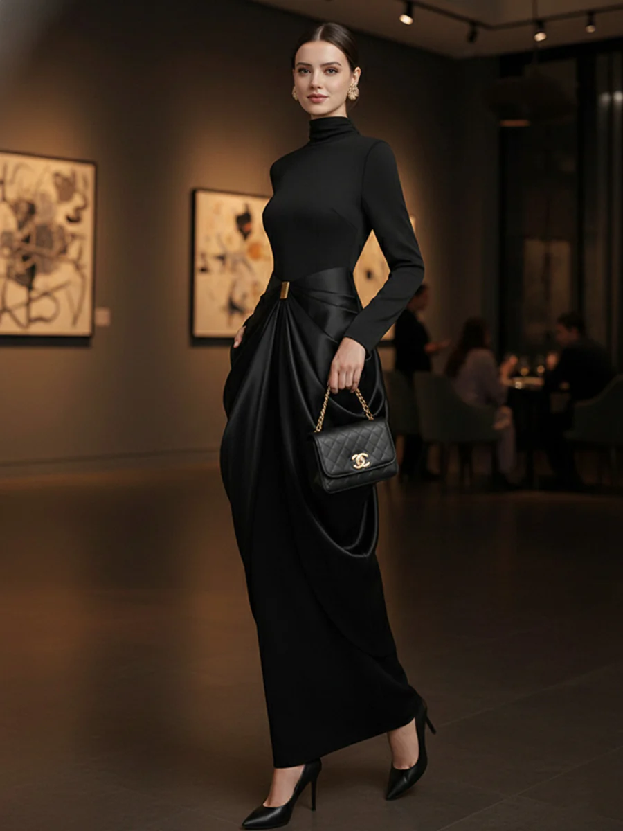 Long Sleeves Buckle Draped High-Neck Evening Dresses Maxi Dresses - Image 5