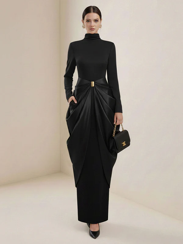 Long Sleeves Buckle Draped High-Neck Evening Dresses Maxi Dresses - Image 6