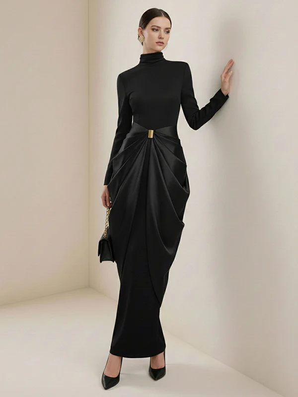 Long Sleeves Buckle Draped High-Neck Evening Dresses Maxi Dresses - Image 7