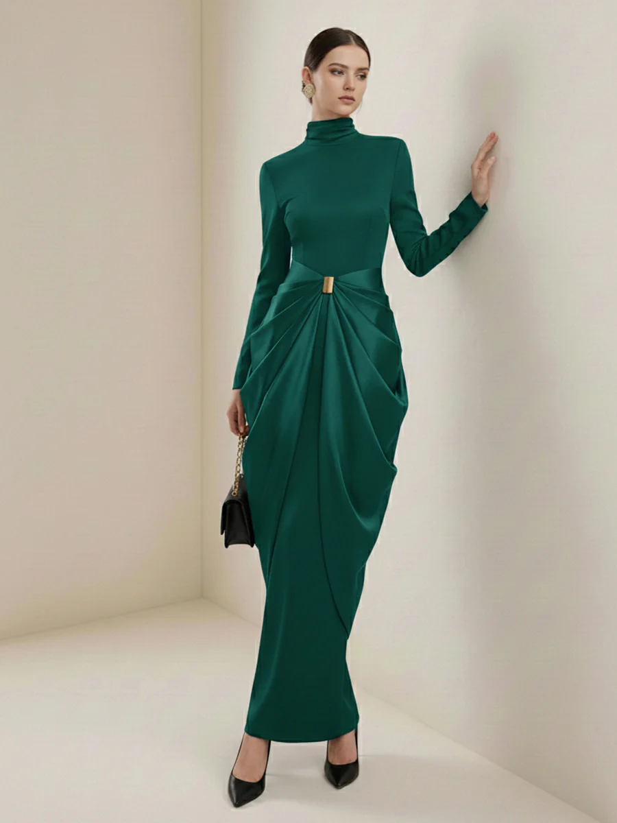 Long Sleeves Buckle Draped High-Neck Evening Dresses Maxi Dresses - Image 9