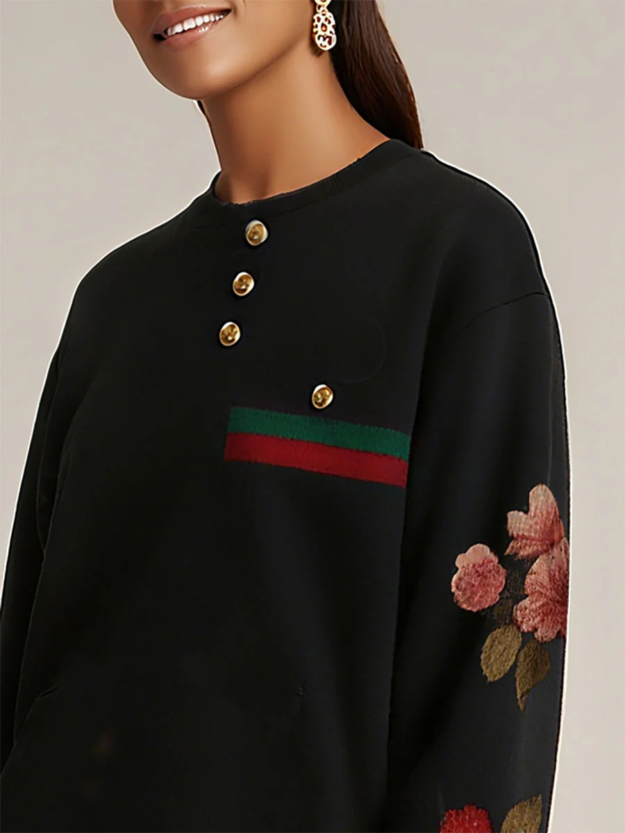 Long Sleeves Buttoned Contrast Color Flower Print Split-Joint Round-Neck Sweatshirt Tops - Image 3