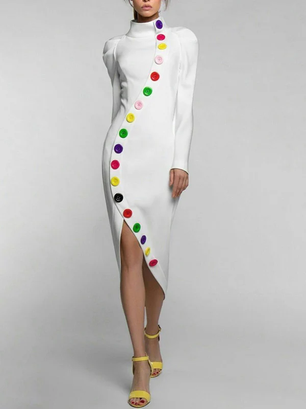 Long Sleeves Buttoned Contrast Color High Neck Midi Dresses - Image 2