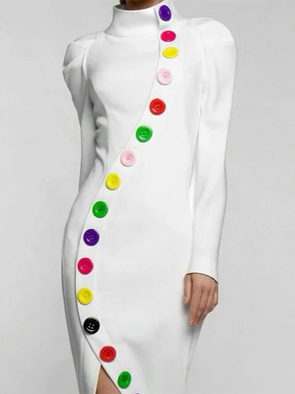 Long Sleeves Buttoned Contrast Color High Neck Midi Dresses - Image 3