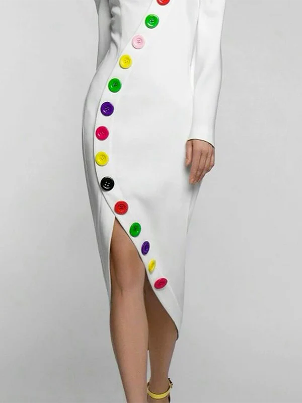 Long Sleeves Buttoned Contrast Color High Neck Midi Dresses - Image 4