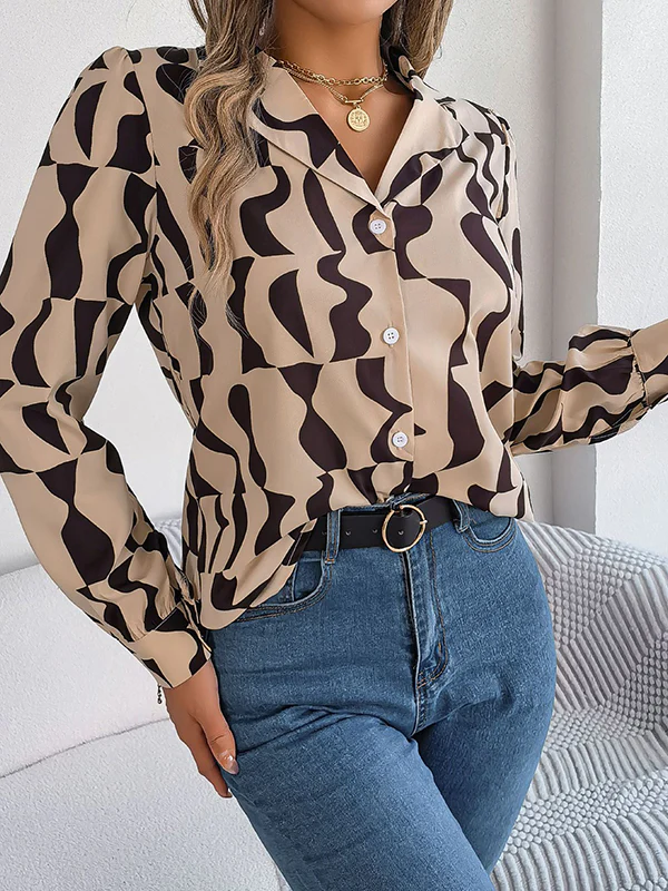 Long Sleeves Buttoned Contrast Color Notched Collar Blouses&Shirts Tops - Image 11