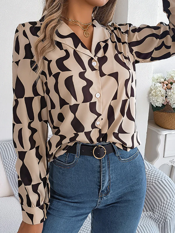 Long Sleeves Buttoned Contrast Color Notched Collar Blouses&Shirts Tops - Image 12