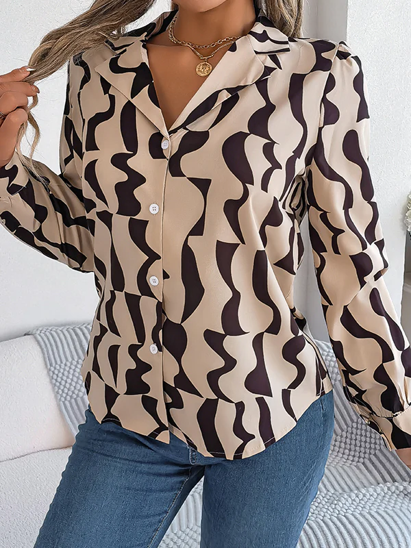 Long Sleeves Buttoned Contrast Color Notched Collar Blouses&Shirts Tops - Image 13