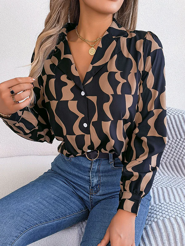 Long Sleeves Buttoned Contrast Color Notched Collar Blouses&Shirts Tops - Image 2