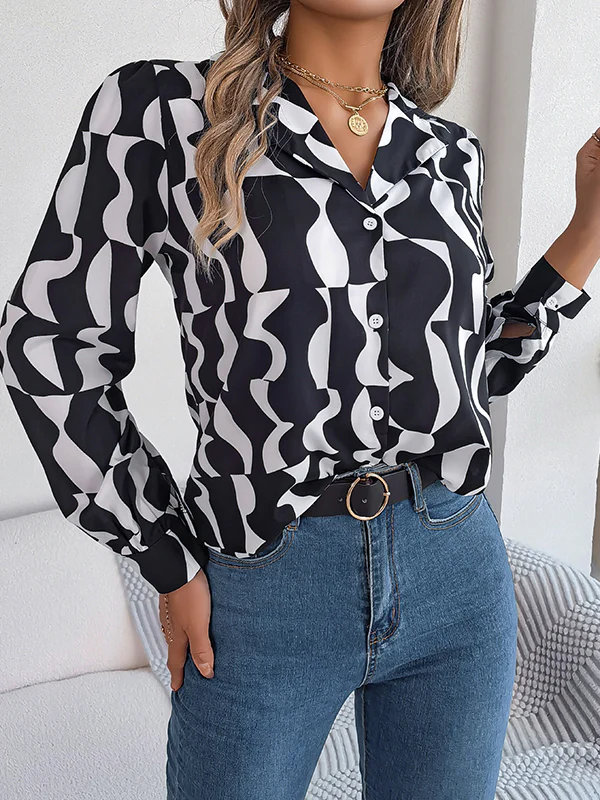 Long Sleeves Buttoned Contrast Color Notched Collar Blouses&Shirts Tops - Image 4