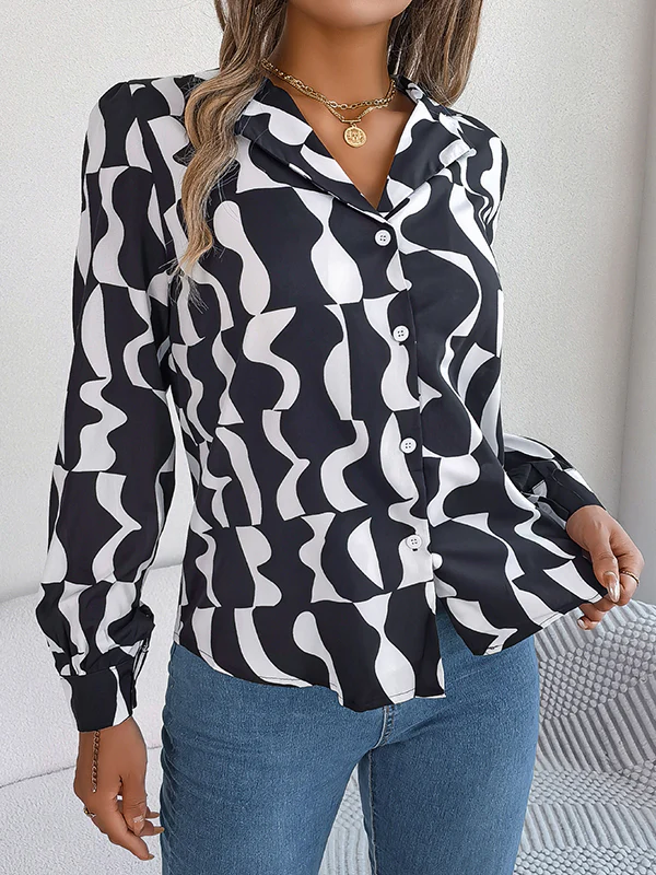Long Sleeves Buttoned Contrast Color Notched Collar Blouses&Shirts Tops - Image 6
