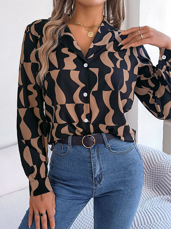 Long Sleeves Buttoned Contrast Color Notched Collar Blouses&Shirts Tops - Image 8