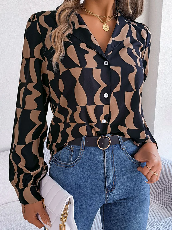 Long Sleeves Buttoned Contrast Color Notched Collar Blouses&Shirts Tops - Image 9