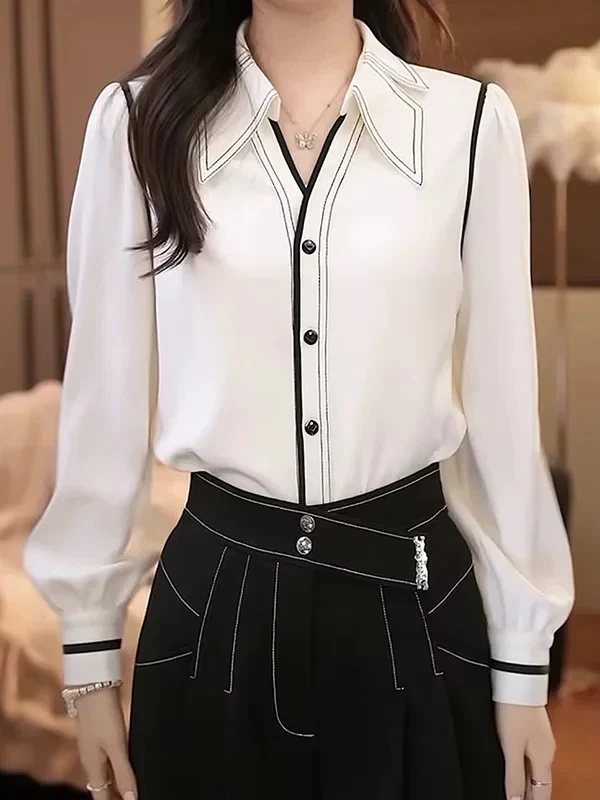 Long Sleeves Buttoned Contrast Color Pleated Lapel Blouses&Shirts Tops - Image 2