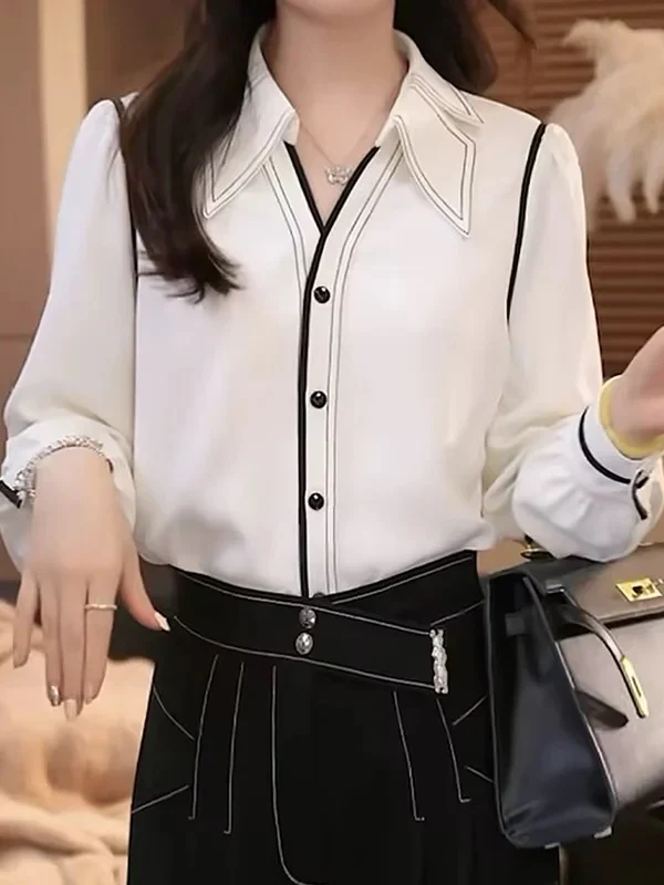 Long Sleeves Buttoned Contrast Color Pleated Lapel Blouses&Shirts Tops - Image 3