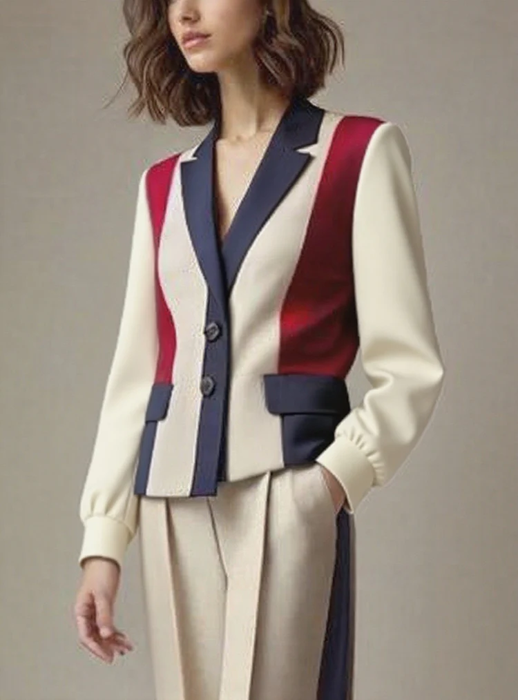 Long Sleeves Buttoned Contrast Color Pleated Pockets Notched Collar Jackets Outerwear - Image 2