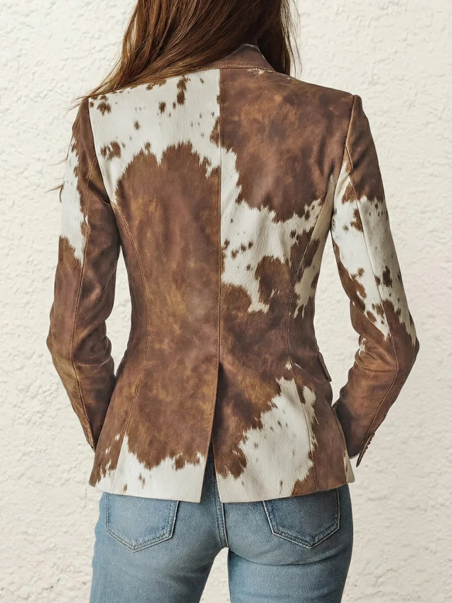Long Sleeves Buttoned Contrast Color Pockets Printed Split-Back Notched Collar Blazer Outerwear - Image 2