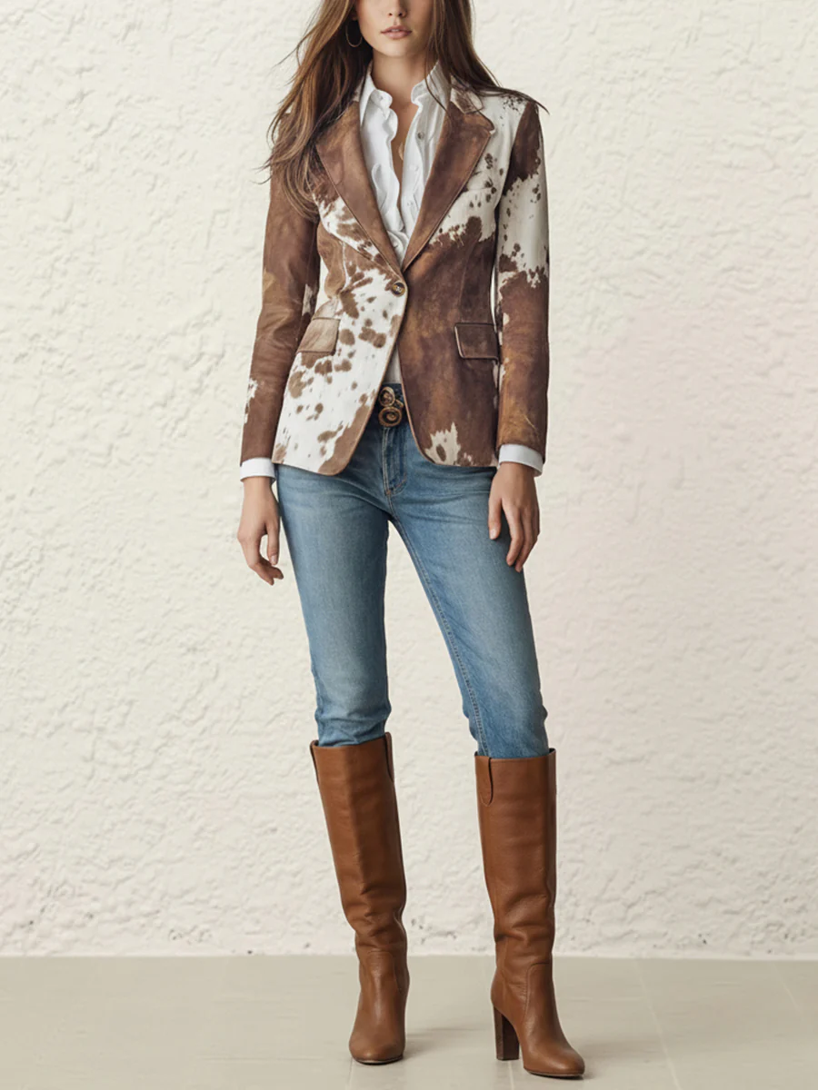 Long Sleeves Buttoned Contrast Color Pockets Printed Split-Back Notched Collar Blazer Outerwear - Image 3