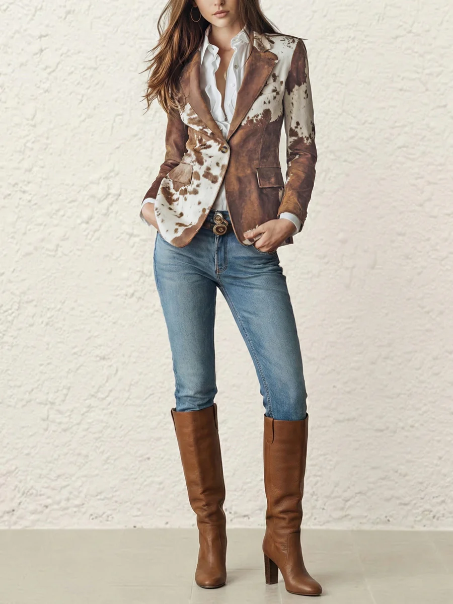 Long Sleeves Buttoned Contrast Color Pockets Printed Split-Back Notched Collar Blazer Outerwear - Image 4