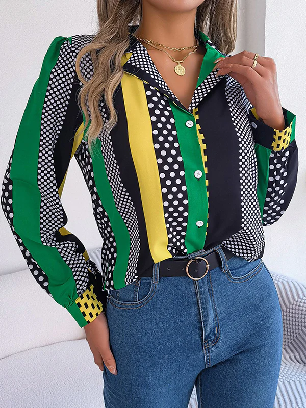 Long Sleeves Buttoned Contrast Color Polka-Dot Notched Collar Blouses&Shirts Tops - Image 10