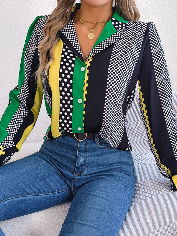 Long Sleeves Buttoned Contrast Color Polka-Dot Notched Collar Blouses&Shirts Tops - Image 11