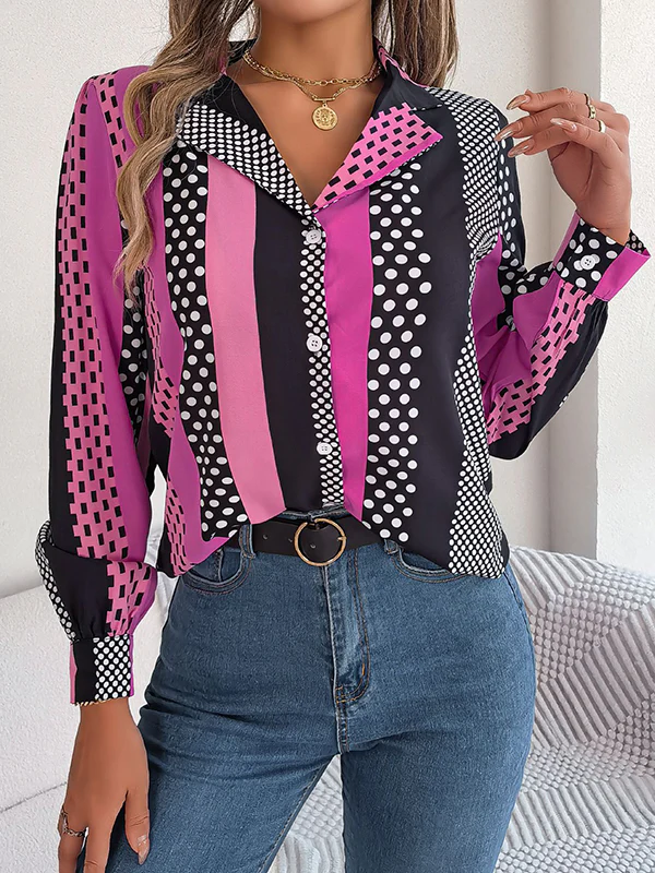 Long Sleeves Buttoned Contrast Color Polka-Dot Notched Collar Blouses&Shirts Tops - Image 13