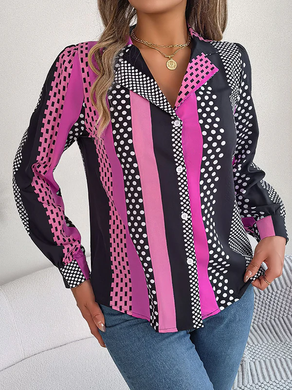 Long Sleeves Buttoned Contrast Color Polka-Dot Notched Collar Blouses&Shirts Tops - Image 14