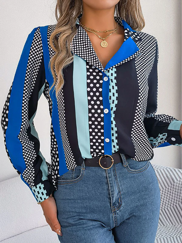 Long Sleeves Buttoned Contrast Color Polka-Dot Notched Collar Blouses&Shirts Tops - Image 2