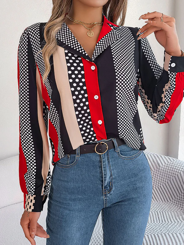 Long Sleeves Buttoned Contrast Color Polka-Dot Notched Collar Blouses&Shirts Tops - Image 4