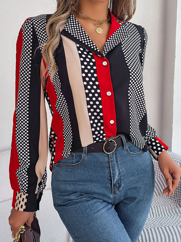 Long Sleeves Buttoned Contrast Color Polka-Dot Notched Collar Blouses&Shirts Tops - Image 5