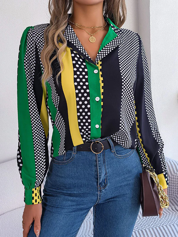 Long Sleeves Buttoned Contrast Color Polka-Dot Notched Collar Blouses&Shirts Tops - Image 9