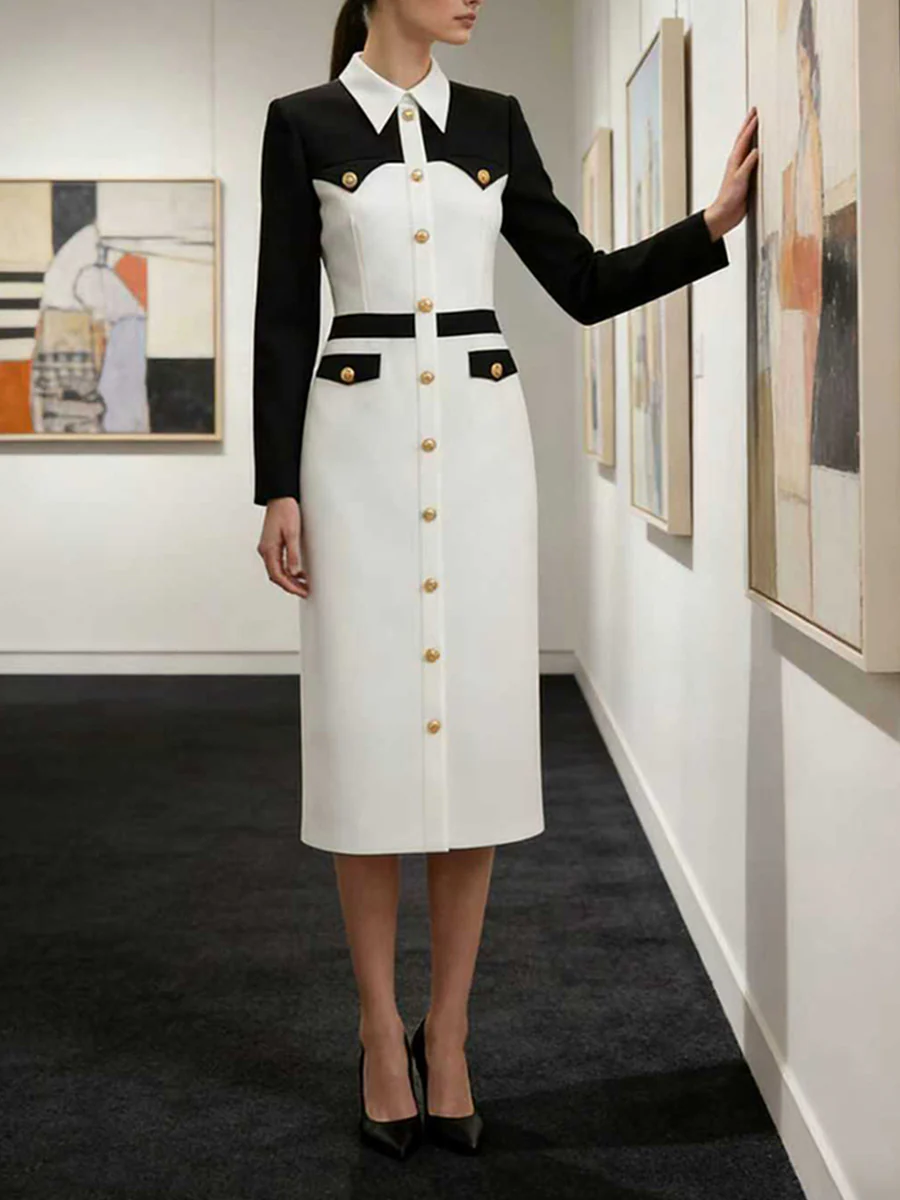 Long Sleeves Buttoned Contrast Color Split-Joint Lapel Midi Dresses
