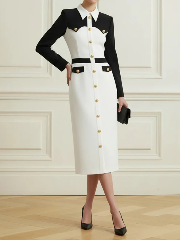 Long Sleeves Buttoned Contrast Color Split-Joint Lapel Midi Dresses - Image 2