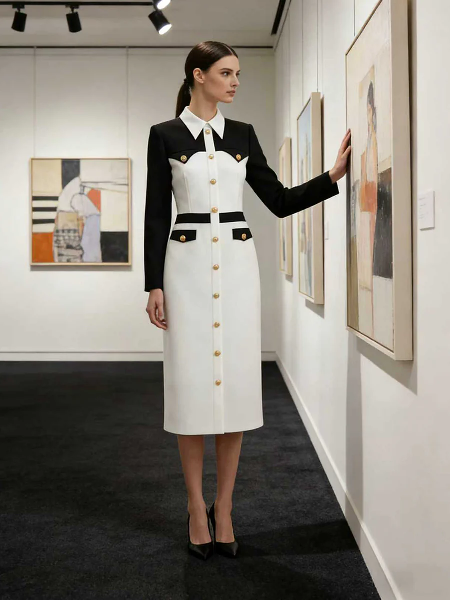 Long Sleeves Buttoned Contrast Color Split-Joint Lapel Midi Dresses - Image 3