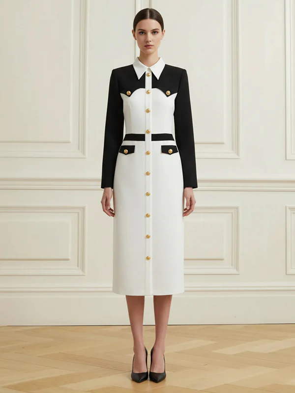 Long Sleeves Buttoned Contrast Color Split-Joint Lapel Midi Dresses - Image 4