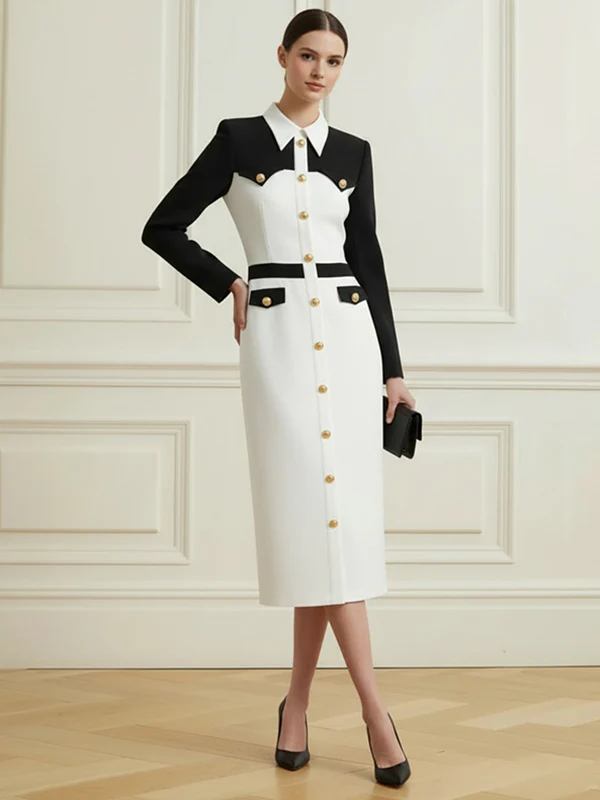 Long Sleeves Buttoned Contrast Color Split-Joint Lapel Midi Dresses - Image 5