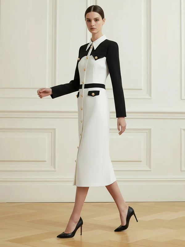 Long Sleeves Buttoned Contrast Color Split-Joint Lapel Midi Dresses - Image 6