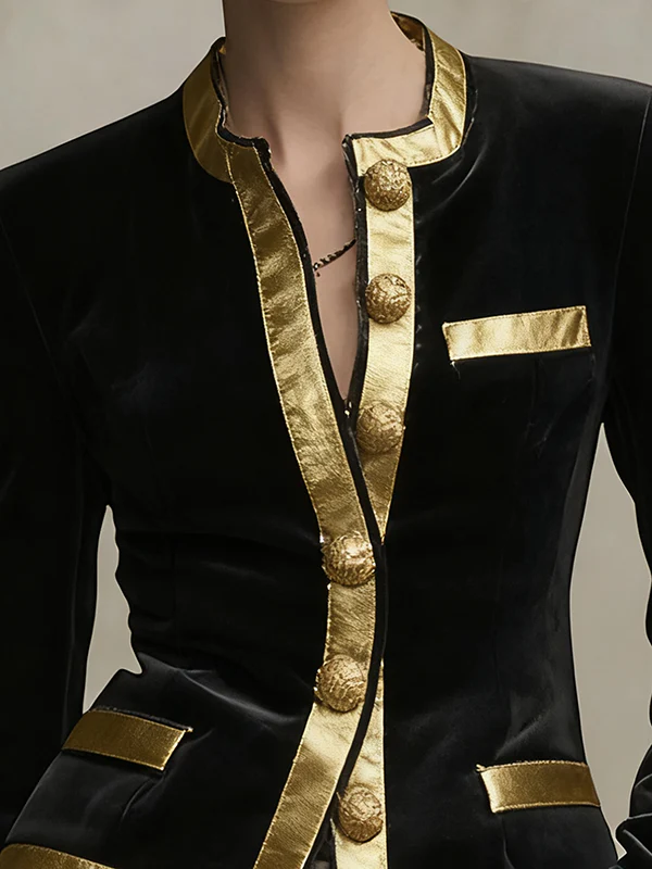 Long Sleeves Buttoned Contrast Color Split-Joint Round-Neck Jackets Outerwear - Image 3