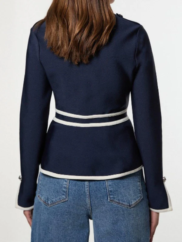 Long Sleeves Buttoned Contrast Color Split-Side Zipper Round-Neck Outerwear - Image 2