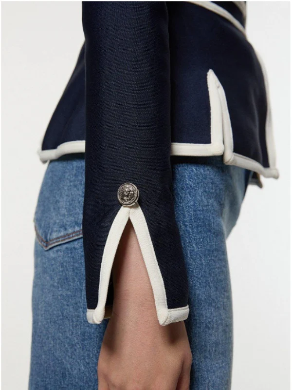 Long Sleeves Buttoned Contrast Color Split-Side Zipper Round-Neck Outerwear - Image 3