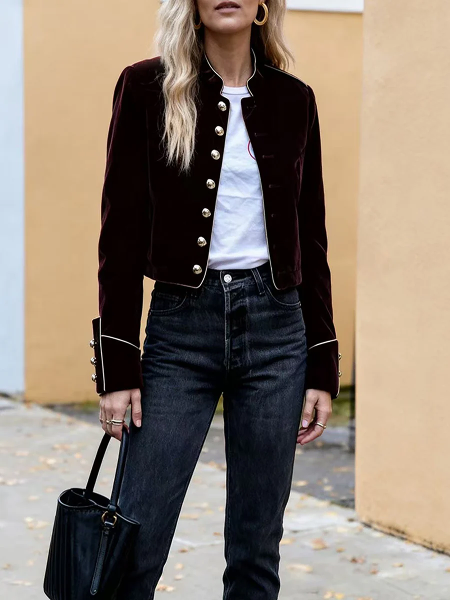 Long Sleeves Buttoned Contrast Color Stand Collar Jackets Outerwear - Image 2