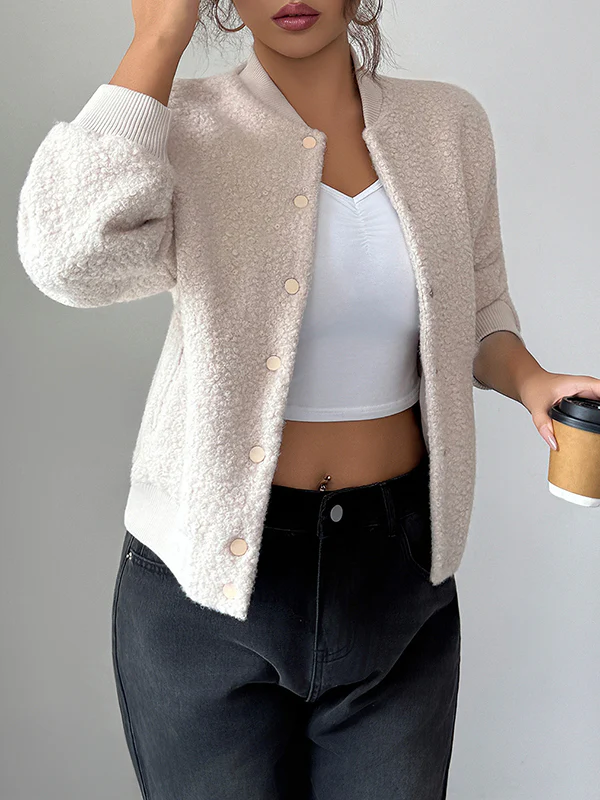 Long Sleeves Buttoned Elasticity Pockets Solid Color Collarless Jackets&Coats - Image 10
