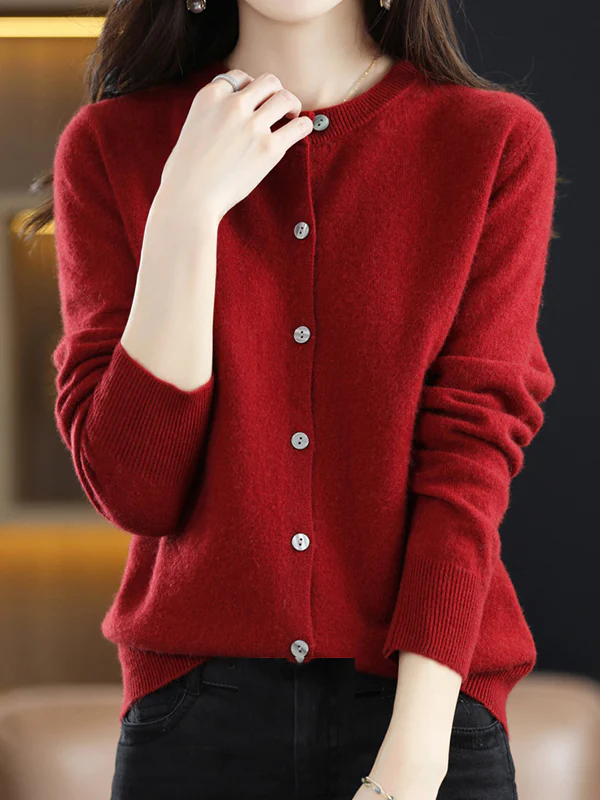 Long Sleeves Buttoned Elasticity Round-Neck Cardigan Tops Knitwear - Image 12