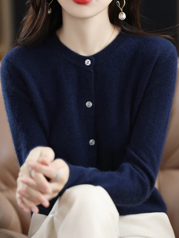 Long Sleeves Buttoned Elasticity Round-Neck Cardigan Tops Knitwear - Image 4