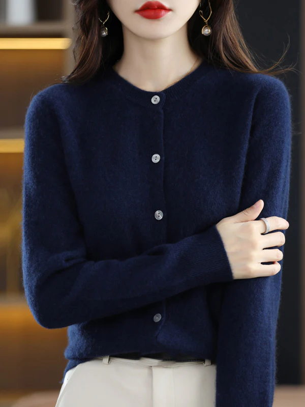 Long Sleeves Buttoned Elasticity Round-Neck Cardigan Tops Knitwear - Image 5