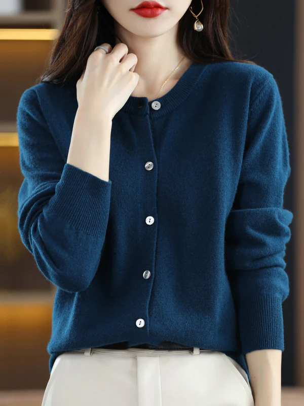 Long Sleeves Buttoned Elasticity Round-Neck Cardigan Tops Knitwear - Image 7