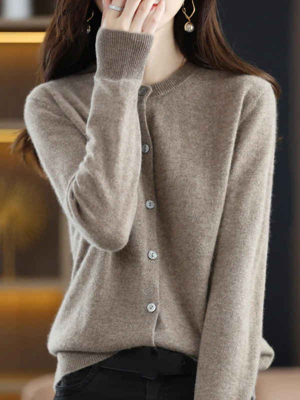 Long Sleeves Buttoned Elasticity Round-Neck Cardigan Tops Knitwear - Image 9